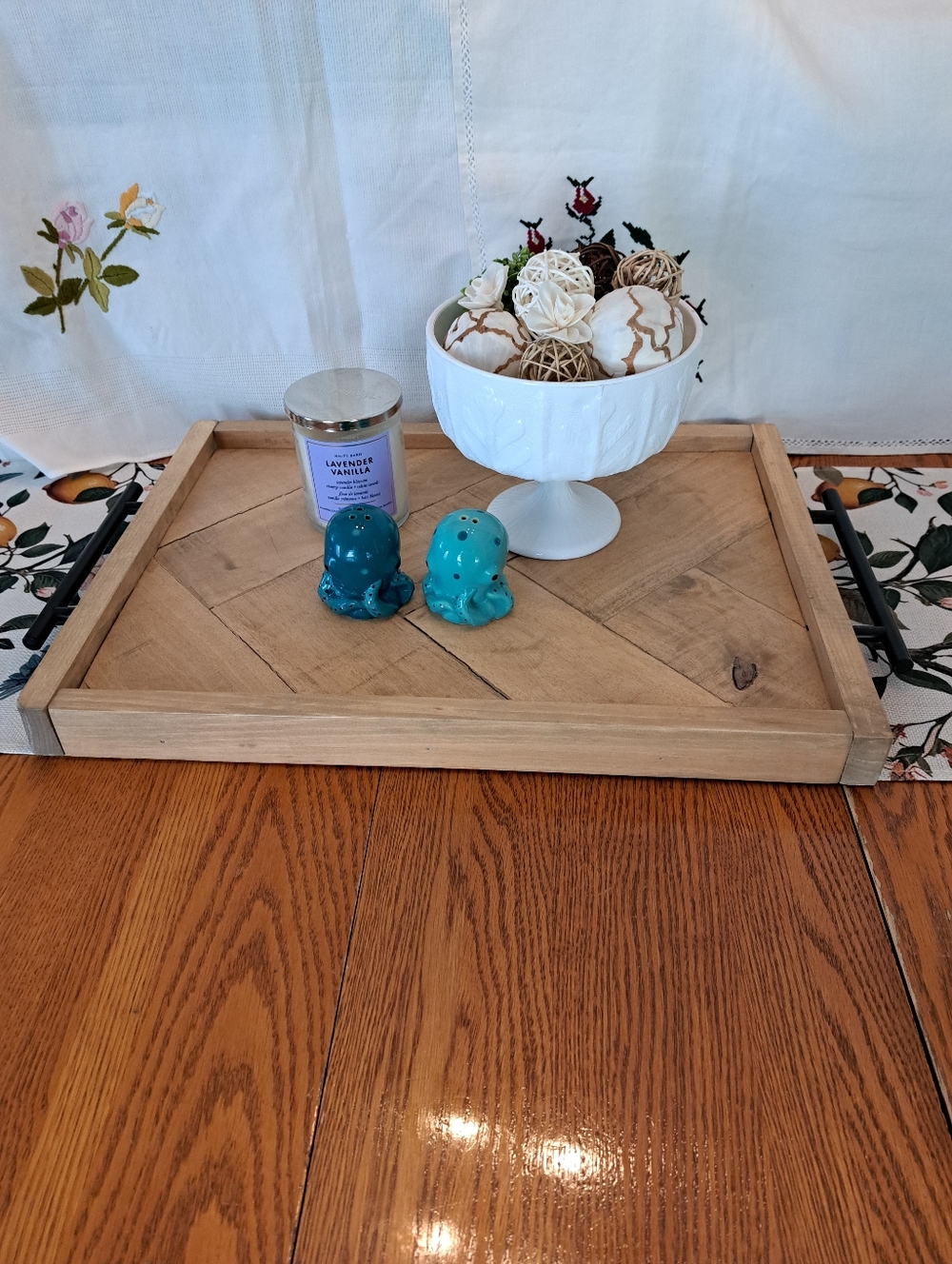 Handmade Wood Herringbone Serving Tray with Black Handles